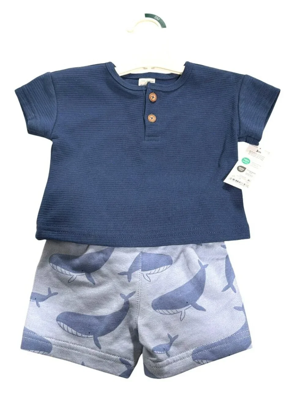 Baby Boys 2-Piece Navy Top & Whale-Print Shorts Set Size 3M New